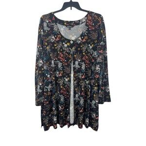 Ulla Popken Floral Cardigan Tunic Top Women’s US 32/34 Black Stretch Long Sleeve